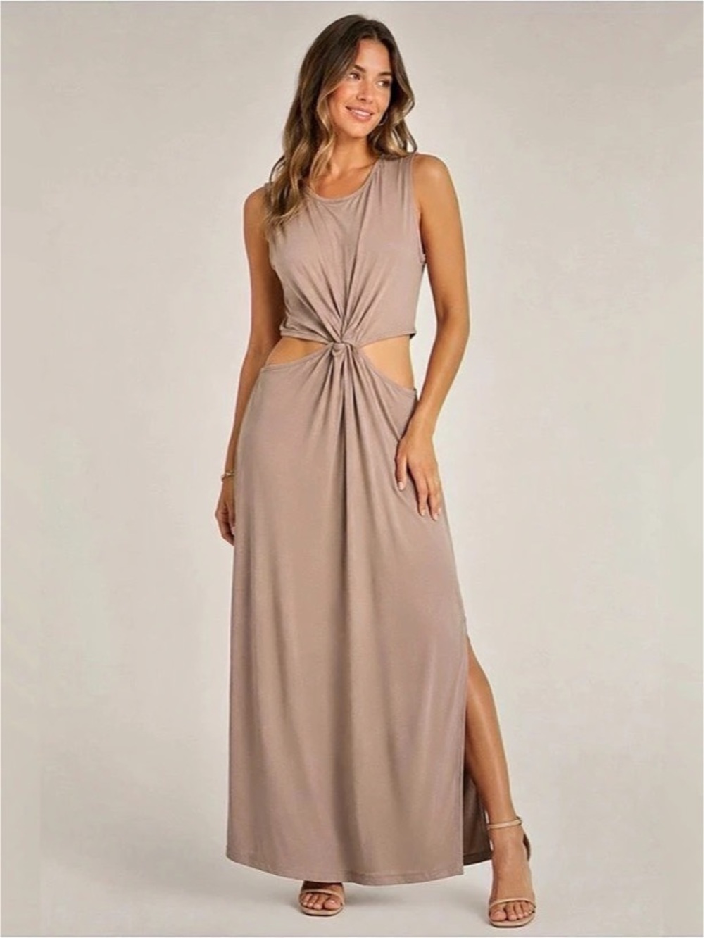 Beyond Yoga Around The World Front Twist Maxi Dress โ Taupe